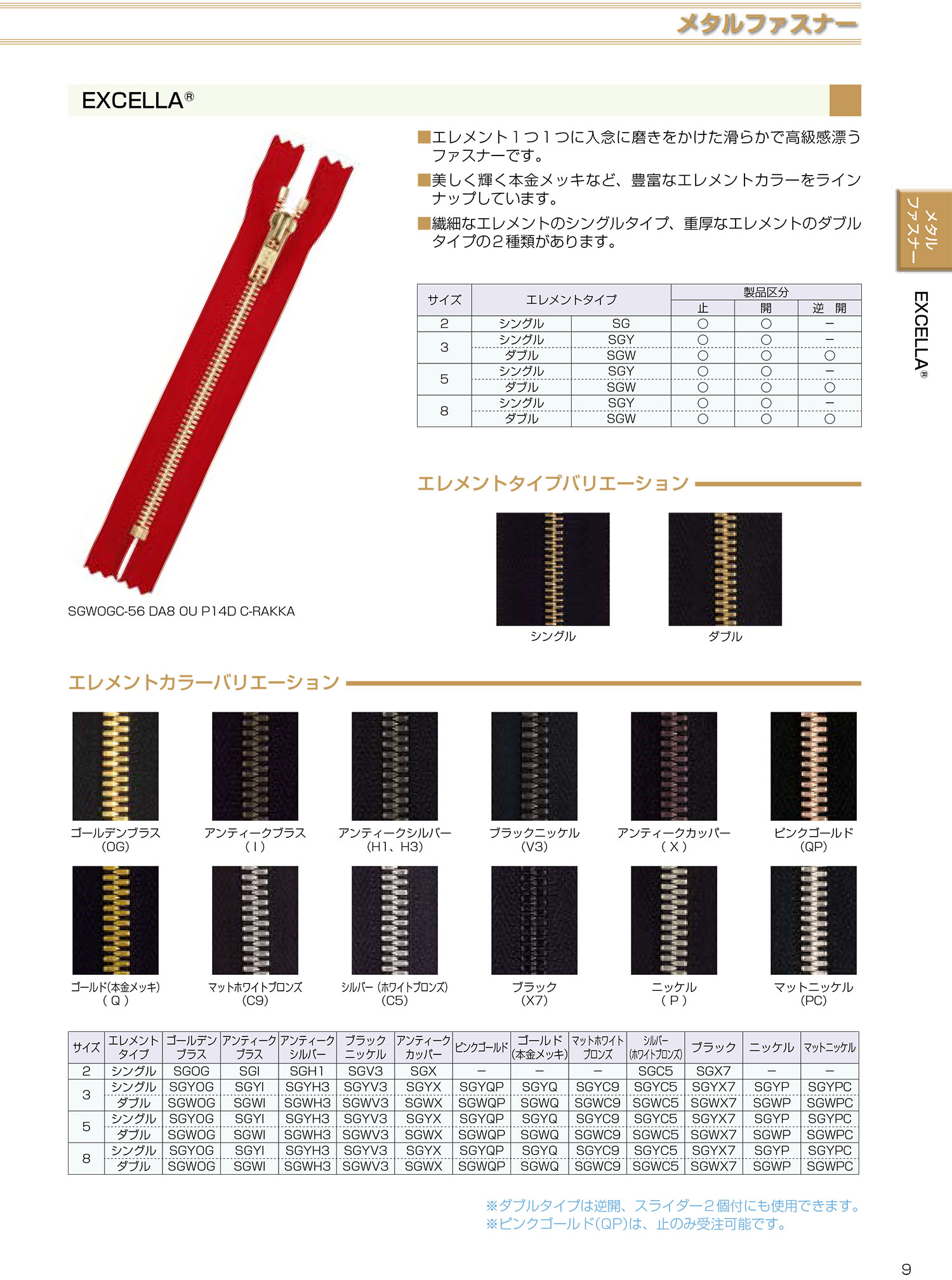 5SGWQC EXCELLA&#174; 拉鍊 5 尺寸 Gold （真金） closed end double YKK