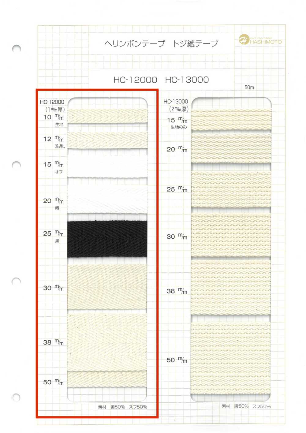 HC-12000 1mm厚棉質雙斜紋帶[緞帶、帶、繩子] 無製造商名