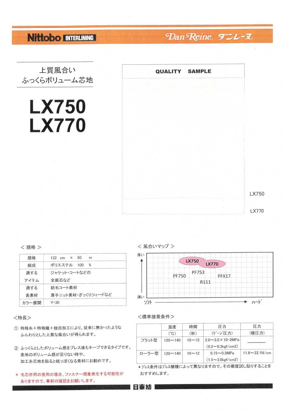 LX750 黏合襯，優質質感，襯布豐滿豐盈 日東紡績