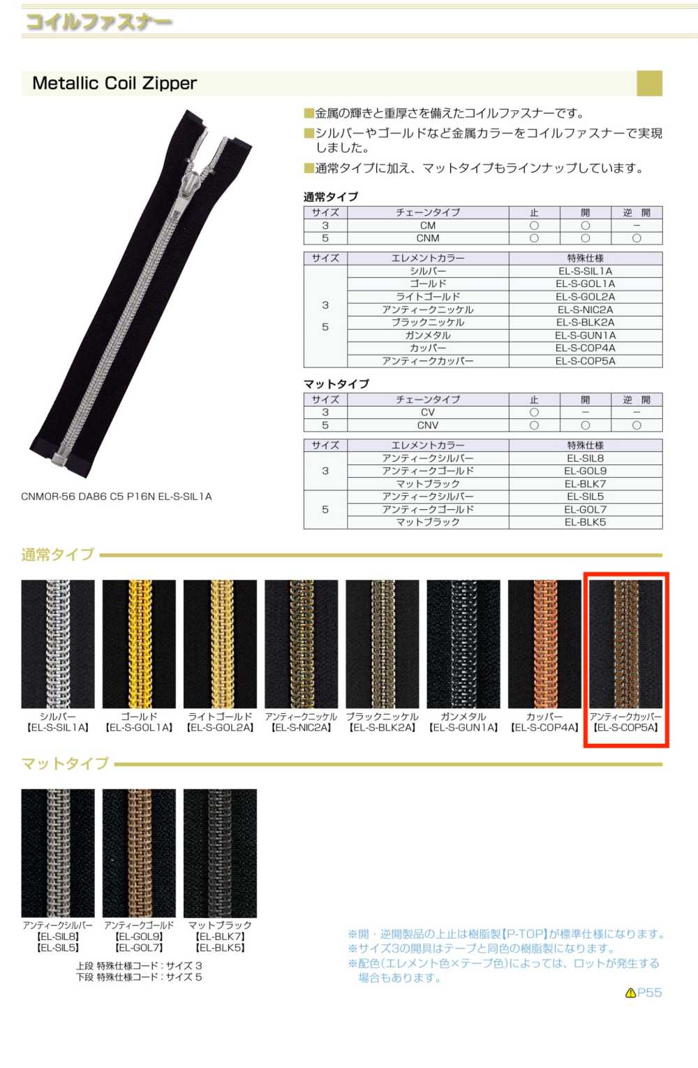 3CNMC-EL-COP5 金屬樹脂拉鍊， 3 種尺寸，槍灰色閉口。 YKK拉鍊