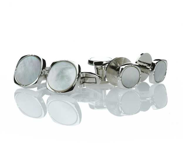 K-3 純銀正裝袖扣與耳環套裝，蝶貝銀色圓角[正裝配飾] 山本（EXCY）