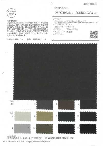 OSDC40333 Supima 棉 80/1 & 法國亞麻 1/60 2/1 高級斜紋 絲滑整理 雙面檢卷完成（正反一樣） （染）