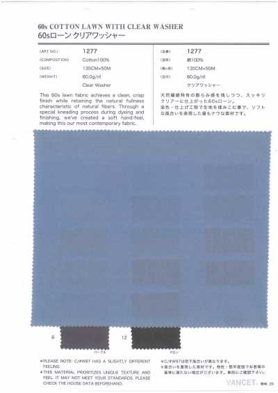 1277 60支精紡細布 透明水洗加工