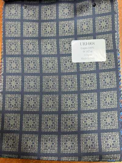 URJ-068 義大利製 銅氨纖維100%印花裡布 底色海軍藍 圖案米色