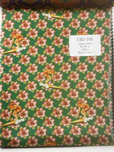 URJ-100 義大利製 100%銅氨絲印花裡料 花卉圖案 綠色